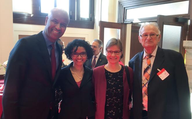 : (L to r): Ahmed Hussen, Minister of Immigration, Refugees, and Citizenship with CRC representatives Kathryn Ali and Rebecca Walker, World Renew's Refugee Program, and Arie Van Eek, former executive secretary of the then Council of Christian Reformed Churches in Canada,1978-1999.